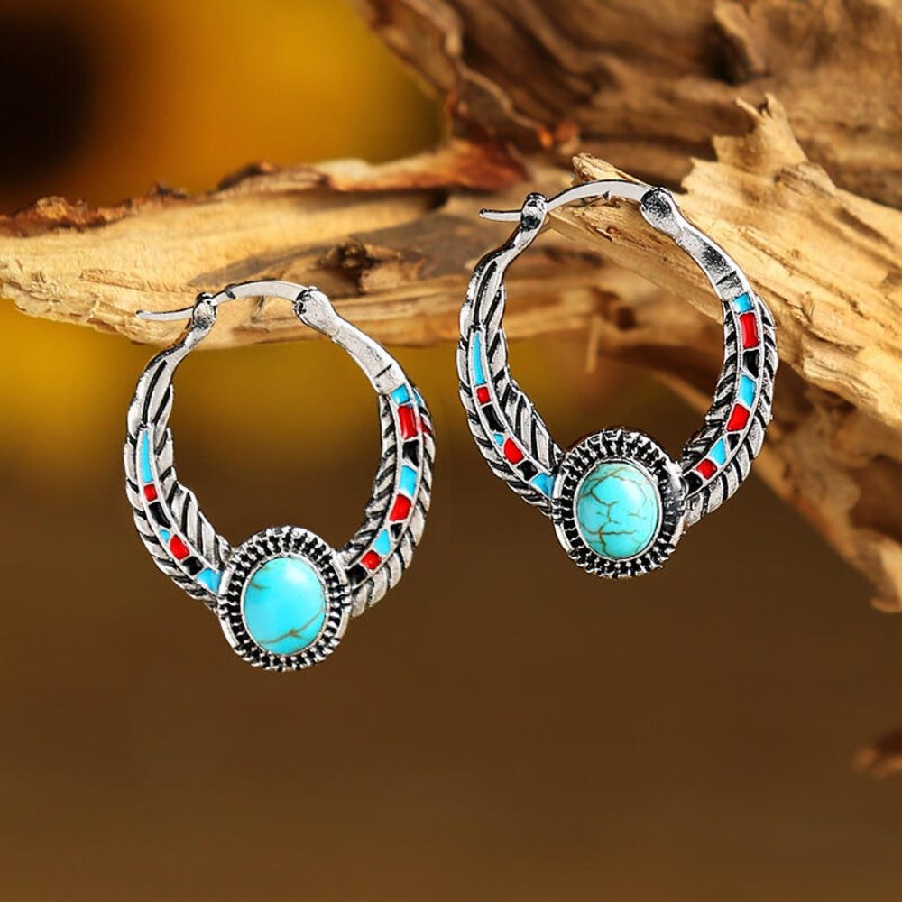 Vintage Turquoise Feather Round Earrings